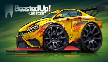 Rule 34 | artist name, car, censored, chibi, fake censor, from side, lada (car), lada vesta, mosaic censoring, motor vehicle, nitrouzzz, no humans, original, reflection, reflective floor, spoiler (automobile), vehicle focus, yellow car