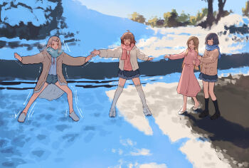 4girls :d ^_^ ahoge black_hair black_shoes black_socks blue_shorts blue_skirt bob_cut brown_coat brown_hair brown_jacket camisole cardigan closed_eyes coat commentary_request flats gakuen_idolmaster grey_hair hair_ornament hairclip hanami_ume hataya_misuzu hatsuboshi_gakuen_school_uniform highres idolmaster jacket jitome kuramoto_china loafers long_hair long_sleeves looking_at_another miniskirt multiple_girls open_clothes open_coat open_jacket open_mouth orange_eyes outdoors over-kneehighs parallel_hairclips parted_bangs pink_cardigan pink_jacket pink_skirt pleated_skirt school_uniform shinosawa_hiro shoes short_hair short_shorts shorts sketch_background skirt smile socks thighhighs trembling white_camisole white_jacket white_shoes white_thighhighs winter yukitake_(bullfalk)