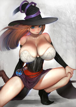 1girl arm_warmers bare_shoulders blue_eyes breasts brown_hair cleavage closed_mouth collarbone corset dragon's_crown female_focus hat highres huge_breasts legs long_hair looking_at_viewer potion randy_(awesomevillage) solo sorceress_(dragon's_crown) squatting veins veiny_breasts witch_hat