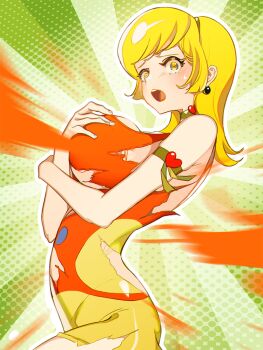 1girl arm_strap blonde_hair blush breasts c1edra choker commentary_request covering_breasts covering_privates cutie_honey cutie_honey_(character) dress earrings embarrassed exploding_clothes hairband heart heart_choker jewelry kisaragi_honey large_breasts long_hair looking_at_viewer open_mouth pencil_dress short_dress solo yellow_choker yellow_eyes yellow_hairband