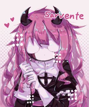 Rule 34 | 1girl, artist name, bad id, bad pixiv id, black dress, character name, dress, friday night funkin', gloves, heart, holding, holding own hair, horns, juliet sleeves, long hair, long sleeves, pink hair, ponytail, puffy sleeves, sarvente (friday night funkin'), shina (pixiv80065236), solo, upper body, very long hair, white gloves