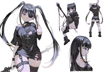 1girl ankle_boots arm_at_side arm_behind_head arm_up bare_shoulders belt_collar black_bra black_footwear black_panties black_shirt black_thighhighs blonde_hair blue_eyes boots bra bra_peek breasts chain closed_mouth collar cross cross_necklace earrings expressionless eyepatch facing_away garter_straps gem hair_down hand_up head_tilt holding holding_staff holding_weapon invisible_chair jewelry long_hair looking_ahead looking_to_the_side medium_breasts multicolored_hair multiple_earrings necklace no_pants o-ring off_shoulder one_eye_covered original oto1_030 panties patchwork_clothes profile purple_gemstone revealing_clothes ring shirt short_sleeves single_earring single_thighhigh sitting skindentation smile staff standing streaked_hair stretching thigh_gap thigh_strap thighhighs torn_clothes torn_shirt torn_sleeves twintails underwear very_long_hair weapon white_background wristband