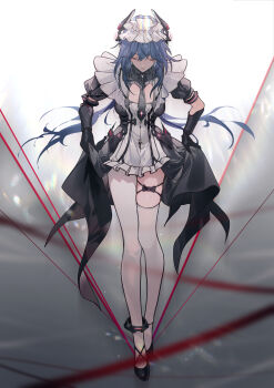1girl absurdres apron asymmetrical_legwear black_dress black_necktie black_shoes blue_hair cino_(cappuccino) closed_eyes commentary crossed_bangs discord_(pgr) dress frills full_body grey_background hair_between_eyes highres long_hair looking_down low_neckline maid maid_apron maid_headdress mechanical_arms mechanical_collar mechanical_dress necktie pantyhose puffy_sleeves punishing:_gray_raven shoes short_dress sidelocks solo strap thigh_strap thighhighs white_background white_pantyhose white_thighhighs
