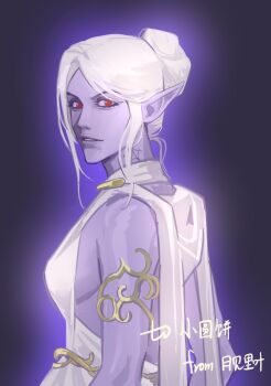 Rule 34 | 1girl, absurdres, alternate costume, armlet, artist name, baldur's gate, baldur's gate 3, breasts, colored skin, dark elf, dress, dungeons & dragons, dungeons &amp; dragons, elf, from side, hair bun, highres, jewelry, kanaewit, looking at viewer, minthara, neck tattoo, parted lips, pointy ears, purple background, purple skin, red eyes, short hair, sideboob, simple background, single hair bun, solo, tattoo, upper body, white dress, white hair