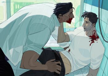 2boys arm_up belt belt_buckle black_belt black_hair black_pants blood blood_on_clothes blood_on_face blood_on_neck breath brown_eyes buckle commentary dingnin98201637 drinking_blood eye_contact grey_hair hand_on_another&#039;s_face highres injury looking_at_another lying male_focus marvel midriff miguel_o&#039;hara multiple_boys on_back pants parted_lips peter_b_parker shirt short_hair short_sideburns short_sleeves shower_(place) shower_head sliding_doors spider-man:_across_the_spider-verse spider-man_(series) spider-verse symbol-only_commentary tile_floor tiles wet white_shirt yaoi