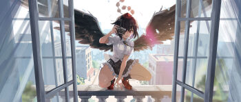 Rule 34 | 1girl, absurdres, bird wings, black necktie, black skirt, black socks, building, camera, collared shirt, commentary, contemporary, feathered wings, frilled skirt, frills, hashtag-only commentary, hat, highres, holding, holding camera, l.f., loafers, looking at viewer, medium hair, necktie, open mouth, pom pom (clothes), red eyes, red hat, red shoes, shameimaru aya, shirt, shoes, skirt, smile, socks, solo, squatting, thighs, tokin hat, touhou, white shirt, wings