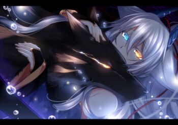 Rule 34 | 1girl, animal ears, dragon horns, female focus, fox, fox ears, heterochromia, horns, konshin, long hair, orie hakua, original, solo, white hair