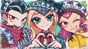 Rule 34 | 1girl, 2boys, :d, bandaged hand, bandages, black hair, black nails, blonde hair, bow, bowtie, braid, danganronpa (series), danganronpa 2: goodbye despair, earrings, finger heart, green eyes, grin, hat, heart, highres, jacket, jewelry, long hair, medium hair, meta akira, multicolored hair, multiple boys, nail polish, open mouth, pink hair, plaid hat, portrait, red bow, red bowtie, red eyes, sharp teeth, smile, soda kazuichi, sonia nevermind, tanaka gundham, teeth, two-tone hair, yellow jacket