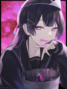 1girl artist_name black_hair black_sailor_collar black_serafuku blood blood_from_mouth blunt_bangs braid bucket grin hair_ornament hair_ribbon hairclip half_up_braid highres hime_cut holding holding_bucket long_hair long_sleeves looking_at_viewer looking_to_the_side nijisanji official_alternate_costume pink_background pink_blood pink_eyes ribbon sailor_collar school_uniform serafuku sleeves_past_wrists smile solo toshio triangular_headpiece tsukino_mito tsukino_mito_(chihaki-shoujo) upper_body virtual_youtuber white_headwear wiping_mouth