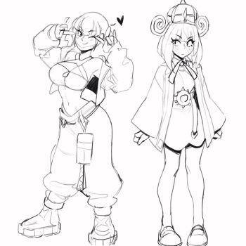 2girls ;) blush breasts canari_(pokemon) greyscale gwynn_(pokemon) hair_ornament hands_up heart highres jacket large_breasts long_sleeves medium_hair monochrome multiple_girls navel nintendo one_eye_closed open_clothes open_jacket pants pokemon pokemon_legends:_z-a rob_ishi shoes sketch smile standing stomach twintails