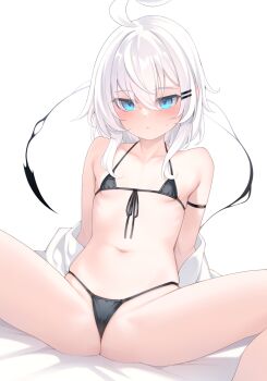 1girl ahoge bikini black_bikini blue_eyes commentary_request hair_ornament hairclip highres navel original otokuyou paid_reward_available ringo-chan_(otokuyou) solo spread_legs swimsuit white_hair