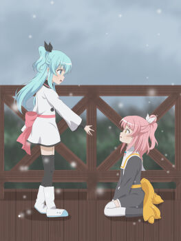 2girls absurdres blue_eyes blue_hair blurry blurry_background blush boots bow carol_(sora_no_method) dress full_body green_eyes hair_bow hair_bun hair_ornament highres jacket kneeling long_hair long_sleeves looking_at_another medium_hair multiple_girls noel_(sora_no_method) obi open_mouth pink_hair ponytail railing reaching reaching_towards_another ribbon sailor_collar sash school_uniform serafuku sidelocks single_hair_bun sitting smile snow snowing sora_no_method standing thighhighs tree two_side_up user_ekwp8358 wariza wide_sleeves yellow_eyes zettai_ryouiki