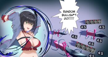 1girl absurdres bandeau belt black_hair blue_jacket blunt_bangs breasts chaos_zero_nightmare chest_harness choker cleavage closed_mouth collarbone colored_inner_hair commentary english_commentary english_text gameplay_mechanics gloves green_eyes harness highres jacket knife large_breasts long_sleeves medium_hair meme midriff mikkotine multicolored_hair navel open_clothes open_jacket purple_hair random_bullshit_go_(meme) red_bandeau red_choker red_gloves sideboob sidelocks solo spaghetti_strap spiked_choker spikes standing throwing_knife tressa_(chaos_zero_nightmare) two-tone_hair upper_body weapon