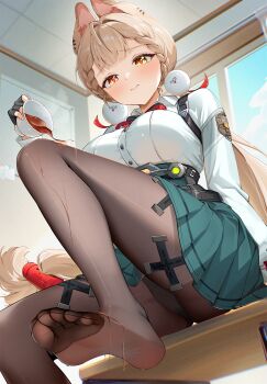 1girl alice_thymefield animal_ear_fluff animal_ears black_gloves black_panties blonde_hair blue_sky blush breasts brown_pantyhose closed_mouth cloud cup feet fingerless_gloves gloves green_skirt hair_ornament heterochromia highres holding holding_cup indoors large_breasts leg_up long_hair low_twintails panties pantyhose rabbit_ears rabbit_girl radoremo red_eyes shirt shirt_tucked_in sitting skirt sky solo sphere_hair_ornament spilling tea toes twintails underwear white_shirt window yellow_eyes zenless_zone_zero