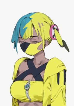 1girl animated aqua_hair bandeau black_mask blonde_hair blue_eyes breasts canari_(pokemon) criss-cross_halter dark-skinned_female dark_skin halterneck highres jacket licking_lips lonklink looking_at_viewer mask mask_pull medium_breasts mouth_mask multicolored_hair naughty_face nintendo pokemon pokemon_legends:_z-a pulling_own_clothes seductive_smile short_twintails smile solo split-color_hair tagme tongue tongue_out twintails two-tone_hair two-tone_mask video yellow_bandeau yellow_jacket yellow_mask zipper