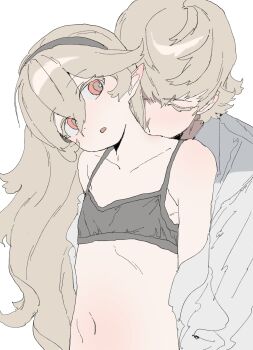 Rule 34 | 1boy, 1girl, absurdres, aziemblemfates, blush, commentary request, female corrin (fire emblem), grey hair, hair between eyes, hairband, hetero, highres, korean commentary, long hair, manakete, navel, original, pointy ears, red eyes, short hair, simple background, white background