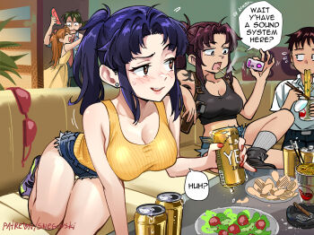 2girls 3girls alcohol arm_support bare_legs bare_shoulders beer beer_can bent_over black_lagoon blue_hair breasts can cigarette cleavage collarbone comic controller couch covered_erect_nipples crossed_legs crossover cutoffs denim denim_shorts drink_can ear_piercing eating english_text food fruit hair_intakes hug ikari_shinji indoors instant_cup_noodles instant_noodles kaji_ryouji katsuragi_misato large_breasts long_hair multiple_girls neon_genesis_evangelion noodles okajima_rokuro open_mouth orange_eyes orange_shirt party patreon_username piercing ponytail purple_hair red_nails remote_control revy_(black_lagoon) ribbed_shirt sanpaku shirt shoes short_shorts shorts sidelocks smile sneakers snegovski souryuu_asuka_langley speech_bubble sports_bra tank_top thigh_gap watermelon watermelon_slice