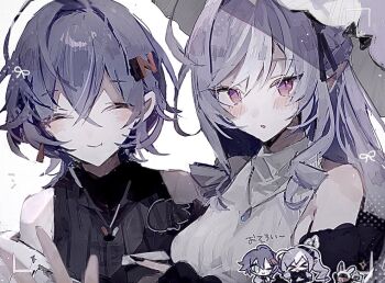 &gt;_&lt; 1other 2girls abrnb alternate_costume bangboo_(zenless_zone_zero) bare_shoulders belle_(zenless_zone_zero) black_hairband black_jacket black_nails black_sweater blue_hair blush camera chibi closed_eyes closed_mouth commentary_request cup drill_hair drill_sidelocks earrings eous_(zenless_zone_zero) fingernails fur-trimmed_jacket fur_trim green_eyes hair_between_eyes hair_ornament hairband holding holding_camera holding_cup jacket jewelry letter_hair_ornament long_hair looking_at_viewer mole mole_under_eye multiple_girls necklace off_shoulder one_eye_closed open_mouth pendant pointy_ears purple_eyes purple_hair short_hair sidelocks sleeveless sleeveless_sweater smile sparkle sweater umbrella upper_body vivian_banshee white_background white_jacket white_sweater white_umbrella zenless_zone_zero