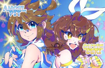 1boy 1girl :d ahoge androgynous artist_name blue_background blue_eyes blue_gloves brown_hair character_name closed_mouth commentary cosplay english_commentary fingerless_gloves gloves hair_between_eyes hair_ribbon highres hikarinotenshi.arts kagamine_rin kagamine_rin_(cosplay) kid_icarus kid_icarus_uprising looking_at_viewer nintendo open_mouth original pale_skin pit_(kid_icarus) ribbon ring_no_seraph_(vocaloid) seri_(hikarinotenshi.arts) short_hair sidelocks single_bare_shoulder smile spiked_hair thick_eyebrows watermark yellow_eyes yellow_gloves