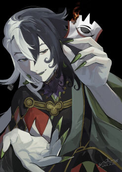 Rule 34 | ashiya douman (fate), black background, black hair, burning, commentary request, fate/grand order, fate (series), fingernails, green nails, highres, long fingernails, multicolored hair, pale skin, smile, split-color hair, upper body, white hair, yatsushiro (8246428)