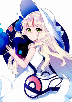 1girl arbitrary bag bare_arms blonde_hair blue_ribbon blunt_bangs braid cosmog dress duffel_bag gen_7_pokemon green_eyes handbag hat hat_ribbon highres legendary_pokemon lillie_(pokemon) long_hair nintendo outline poke_ball_theme pokemon pokemon_(creature) pokemon_sm ribbon sleeveless sleeveless_dress sun_hat sundress twin_braids white_dress white_hat