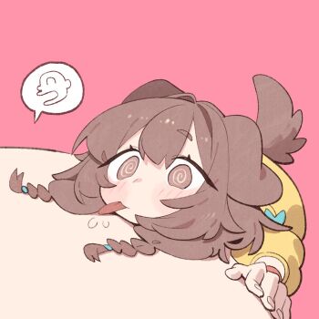 1girl 1other @_@ animal_ears blush braid brown_eyes brown_hair cocomayo29_(tomato) commentary dog_ears dog_girl dog_tail fingernails from_above hair_intakes hair_tie hololive inugami_korone inugami_korone_(1st_costume) jacket licking listener_(inugami_korone) looking_at_viewer low_twin_braids medium_hair pink_background pov simple_background spoken_character symbol-only_commentary tail tongue tongue_out twin_braids virtual_youtuber wristband yellow_jacket