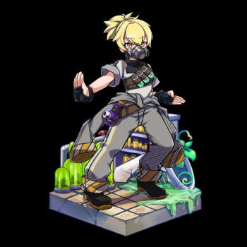 1girl belt black_background black_boots black_gloves blonde_hair boots bottle breasts broken brown_belt fighting_stance fingerless_gloves full_body gas_mask gloves green_water grey_pants grey_shirt hair_between_eyes leaf lotto_(merc_storia) mask merc_storia merc_storia_art_team official_art open_hands outstretched_arm pants ponytail shirt short_ponytail short_sleeves simple_background small_breasts solo standing tachi-e tsurime yellow_eyes