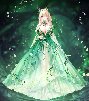 1girl absurdres akusamu alternate_costume areola_slip azur_lane blonde_hair breasts cleavage commentary_request dress dress_flower elf flower full_body gouden_leeuw_(azur_lane) green_dress hair_between_eyes highres huge_breasts long_dress looking_at_viewer pink_flower pointy_ears purple_eyes see-through_clothes see-through_dress skindentation sleeveless sleeveless_dress solo strapless strapless_dress variant_set white_flower