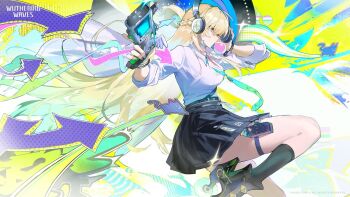 1girl black_skirt blonde_hair blowing_bubble_gum braid breasts chewing_gum commentary earrings english_commentary gradient_hair gun half_up_braid hand_up headphones holding holding_gun holding_weapon jacket jewelry logo long_hair lynae_(wuthering_waves) medium_breasts multicolored_hair official_art shirt skirt solo star_(symbol) star_earrings very_long_hair weapon white_jacket white_shirt wuthering_waves