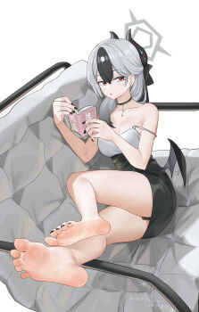 1girl :o absurdres artist_name bare_legs bare_shoulders barefoot black_bow black_choker black_dress black_hair black_horns black_nails blue_archive blush book bow breasts choker cleavage collarbone commentary couch dated demon_girl demon_horns demon_wings double-parted_bangs dress earrings feet foot_focus full_body grey_hair grey_halo hair_behind_ear hair_between_eyes hair_bow hair_over_shoulder half_updo halo hands_up highres holding holding_book horns jewelry kayoko_(blue_archive) kayoko_(dress)_(blue_archive) legs long_hair looking_at_viewer low_wings mole mole_on_nose multicolored_hair nail_polish official_alternate_costume official_alternate_hairstyle on_couch open_book open_mouth reading red_eyes shangdi_de_fa_zhang short_dress simple_background single_wing sleeveless sleeveless_dress soles solo strap_slip stud_earrings thighs toenail_polish toenails toes tsurime two-tone_hair variant_set watermark white_background wings