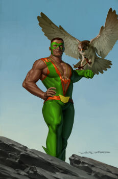1boy bird blue_sky bodysuit brown_eyes brown_hair captain_america_(series) comic_cover commentary dark-skinned_male dark_skin english_commentary falcon falconry_glove gloves green_bodysuit green_gloves hand_on_own_hip highres jewelry looking_at_viewer male_focus marvel muscular muscular_male necklace official_art orange_trim pectoral_cleavage pectorals plunging_neckline short_hair signature single_glove sky solo superhero_costume the_falcon yoon_junggeun
