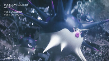 3d air_bubble animal_focus artist_name bubble character_name cinema_4d_(medium) closed_mouth commentary_request copyright_name evolutionary_line highres hisuian_qwilfish lips nintendo no_humans overqwil pokedex_number pokemon pokemon_(creature) pokemon_focus serebii_(artist) spikes underwater