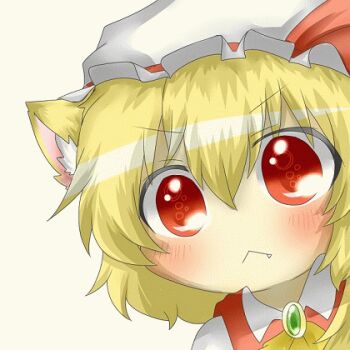 1girl :&lt; animal_ears animated animated_gif ascot blonde_hair blush cat_ears cat_girl chibi close-up ear_wiggle embodiment_of_scarlet_devil fang female_focus flandre_scarlet hat kemonomimi_mode lowres rebecca_(keinelove) red_eyes shirt short_hair solo touhou