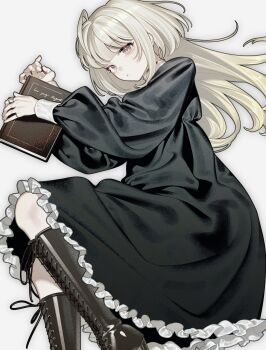 1girl ahoge black_boots black_dress blonde_hair book boots collared_dress commentary commission dress feet_out_of_frame frilled_dress frills from_side high_heel_boots high_heels highres holding holding_book jewelry knees_up lace-up_boots long_hair long_sleeves looking_at_viewer lying multiple_rings nanoka_san on_side original parted_lips pink_eyes puffy_long_sleeves puffy_sleeves ring solo swept_bangs wrist_cuffs