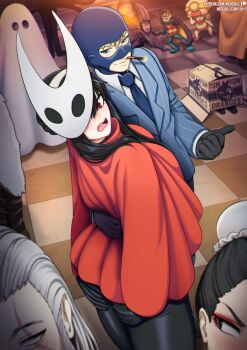 2girls 5boys black_gloves black_hair black_pants blonde_hair blue_necktie carton cloak collared_shirt cosplay gloves hollow_knight hollow_knight:_silksong hornet_(hollow_knight) hornet_(hollow_knight)_(cosplay) jacket mask mask_on_head multiple_boys multiple_girls necktie neocoill pants red_cloak robin_(dc) robin_(dc)_(cosplay) shirt short_hair smile spy_x_family striped_clothes striped_jacket teeth tile_floor tiles tongue upper_teeth_only white_shirt yor_briar