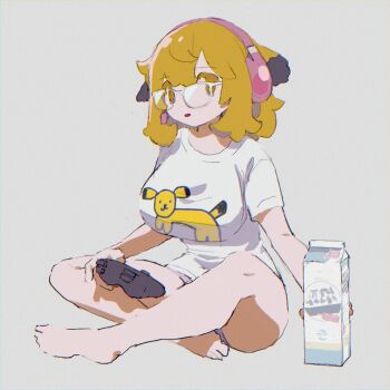 1girl animal_print bad_id bad_twitter_id barefoot blonde_hair breasts controller drink_carton full_body game_controller glasses grey_background headphones holding holding_controller holding_game_controller inactive_account indian_style inumamiya large_breasts looking_at_viewer milk_carton mill_gyu personification print_shirt real_life shirt short_hair short_sleeves simple_background sitting solo t-shirt white_shirt yellow_eyes