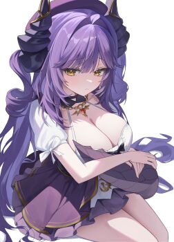 Rule 34 | 1girl, :<, absurdres, black horns, blush, breasts, center frills, chain, chain necklace, cleavage, closed mouth, collarbone, commentary, dragon girl, dragon horns, dragon tail, frilled shirt, frills, furrowed brow, gem, gold chain, gold necklace, gold trim, hair between eyes, hair intakes, hat, highres, holding own tail, horns, jewelry, jw (wrdawrda), large breasts, layered skirt, long hair, looking at viewer, necklace, puffy short sleeves, puffy sleeves, purple hair, purple hat, purple skirt, red gemstone, sakihane huya, shirt, short sleeves, sidelocks, simple background, sitting, skirt, slit pupils, solo, stellive, swept bangs, symbol-only commentary, tail, thighs, two side up, very long hair, virtual youtuber, white background, white shirt, yellow eyes