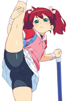 1girl arm_support ass bike_shorts blush bow cleft_of_venus coat fat_mons frown gluteal_fold green_eyes hair_bow highres leg_lift leg_up loli looking_at_viewer om_(nk2007) pink_bow pink_coat red_hair saru_getchu sayaka_(saru_getchu) short_sleeves shorts shorts_under_skirt simple_background solo split standing standing_on_one_leg standing_split twintails white_background wristband