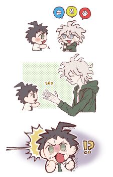 !? 2boys 30en_(esx5g) ahoge blush brown_hair collared_shirt cropped_torso danganronpa_(series) danganronpa_2:_goodbye_despair green_jacket green_necktie grey_hair highres hinata_hajime hood hood_down hooded_jacket jacket komaeda_nagito long_sleeves male_focus multiple_boys necktie notice_lines profile rock_paper_scissors shirt short_hair sweat white_background