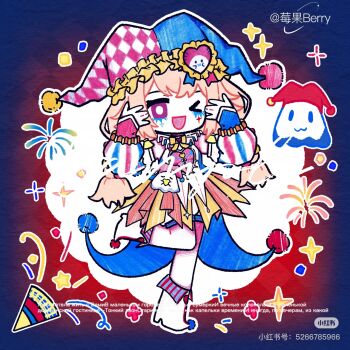 Rule 34 | > o, 1girl, all-night party (infinity nikki), argyle clothes, argyle hat, artist name, beads, berry (xinjinjumin868478986919), blonde hair, blue arm warmers, blue background, blue hat, blue ribbon, boots, bow, bowtie, braid, bright pupils, brooch, chibi, chinese commentary, circle, clown, coattails, commentary request, commission, dress, eyelashes, facepaint, fireworks, frilled dress, frilled headwear, frills, hair beads, hair ornament, hair ribbon, hands in own hair, happy, hat, heart, heart brooch, heart hair ornament, heart print, high heel boots, high heels, highres, infinity nikki, jester cap, jewelry, long hair, long sleeves, looking at viewer, low twin braids, mismatched arm warmers, multicolored headband, neck ruff, nikki (series), one eye closed, outline, pointy boots, pom pom (clothes), print dress, puffy long sleeves, puffy sleeves, purple eyes, red arm warmers, red hat, red ribbon, ribbon, sample watermark, short dress, shorts, shorts under dress, solo, sparkle, split-color clothes, standing, twin braids, two-tone ribbon, vertical-striped sleeves, watermark, white boots, white dress, white hat, white outline, white pupils, white shorts, white sleeves, xiaohongshu watermark, yellow bow, yellow bowtie