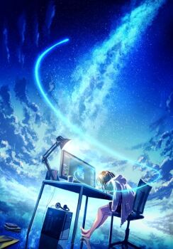 1girl blue_theme cable chair cloud cloudy_sky coffee_mug computer computer_keyboard computer_mouse cup desk desk_lamp earphones facing_away fisheye from_behind galaxy headphones hood hood_down hoodie lamp monitor mug night night_sky original sanmen_(threeface_il) scenery sitting sky solo speaker star_(sky) starry_sky table