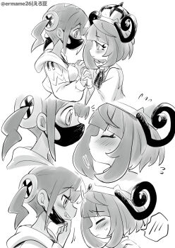 2girls 3koma blush bob_cut canari_(pokemon) closed_eyes coat comic commentary_request eromame flying_sweatdrops from_side greyscale gwynn_(pokemon) highres holding_hands imminent_kiss interlocked_fingers jacket long_sleeves looking_at_another mask mask_pull monochrome mouth_mask multiple_girls nintendo pokemon pokemon_legends:_z-a short_hair spoken_blush twitter_username upper_body yuri