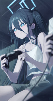 1girl 1other absurdres aris_(blue_archive) black_hair blue_archive blue_eyes blue_halo blurry blurry_foreground ceiling closed_mouth controller game_controller grey_shorts hair_between_eyes halo highres holding holding_controller holding_game_controller indoors light_blush long_hair long_hair_between_eyes re_naya shorts sitting smile solo_focus sweat tank_top white_tank_top