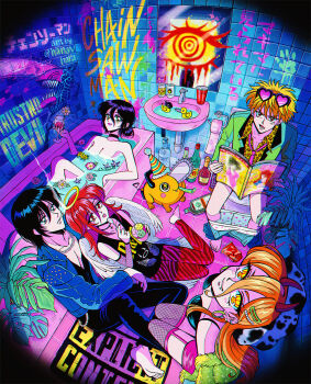 1990s_(style) 2girls 3boys alcohol angel_devil_(chainsaw_man) animal_print barefoot bath bathing black_choker black_hair black_tank_top blonde_hair blue_jacket blue_pants bomb_devil_(chainsaw_man) bottle boxers censored chainsaw_man choker closed_mouth cup demon_girl demon_horns denji_(chainsaw_man) drinking_glass fang faux_retro_artstyle feathered_wings fishnet_thighhighs fishnets fur_jacket graffiti green_jacket hair_between_eyes halo hanavbara hat hayakawa_aki heart heart-shaped_eyewear highres holding holding_magazine holding_spoon horns ice_cream_cup indoors jacket leopard_print long_hair_between_eyes magazine_(object) makima_(chainsaw_man) male_underwear mirror mosaic_censoring multiple_boys multiple_girls necktie orange_hair pants party_hat pink-tinted_eyewear pink_necktie plant pochita_(chainsaw_man) power_(chainsaw_man) purple_hair red_horns red_pants reflection retro_artstyle reze_(chainsaw_man) rubber_duck shirt short_hair spoon suit_jacket tank_top thighhighs tinted_eyewear underwear white_wings wine wine_glass wings yellow_eyes yellow_halo yellow_shirt