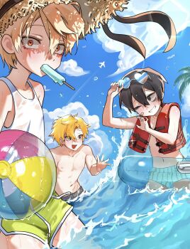 10009_xp 3boys aircraft airplane bags_under_eyes bandaid bandaid_on_face black_hair blonde_hair blue_sky blue_swim_briefs blush crossover day dolphin_shorts eyeliner eyewear_on_head fang food food_in_mouth green_shorts grin hair_between_eyes hat hat_ribbon heart heart-shaped_eyewear high_school_boy highres hong_iltak innertube jeong_surim lee_hoon life_vest looking_at_viewer makeup male_swimwear multiple_boys navel nipples one_eye_closed open_mouth popsicle popsicle_in_mouth red_eyeliner red_eyes ribbon short_hair shorts sky smile straw_hat suicide_boy sun_hat sunglasses swim_briefs swim_ring tank_top wading water wet white_tank_top