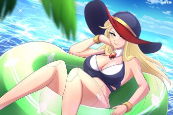 1girl alternate_costume android armor axasempai berkana_(mega_man) bikini blonde_hair blue_eyes blue_sky bracelet breastplate breasts capcom chest_jewel choker_jewel hair_over_shoulder hand_on_own_face hat hat_over_one_eye headphones highres jewelry joints large_breasts light_blush light_smile long_hair mega_man_(series) mega_man_x_(series) mega_man_xtreme_2 ocean palm_tree pool_float purple_bikini purple_hat red_lips resting robot robot_girl robot_joints sideboob sidelocks sky solo swimsuit tree witch