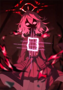 1girl aura blank_eyes blue_archive broken_halo buttons chinese_commentary coat commentary_request dark_aura dark_background dusk_ming expressionless glowing halo highres hoshino_(blue_archive) hoshino_terror_(blue_archive) medium_hair no_pupils pink_hair pink_halo skirt solo spoilers