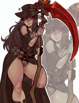 Rule 34 | 1other, absurdres, androgynous, artist name, ascot, asymmetrical gloves, black cape, black hair, boots, cape, commentary, crotch plate, english commentary, fingerless gloves, gloves, guilty gear, guilty gear strive, hat, highres, holding, holding scythe, long hair, looking at viewer, other focus, panties, red eyes, scythe, skull, smile, standing, standing on one leg, testament (guilty gear), top hat, underwear, white ascot, widisu, zoom layer