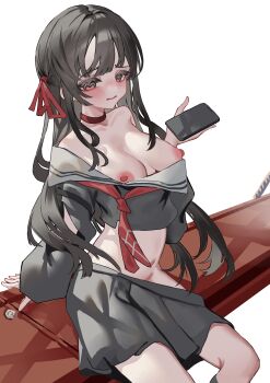 1girl absurdres black_hair black_serafuku black_skirt black_sock bow breasts chisa_(wuthering_waves) commentary_request exhibitionism hair_bow highres holding holding_phone large_breasts looking_at_viewer m-chai no_bra no_panties over-kneehighs phone public_indecency school_uniform serafuku simple_background skirt thighhighs white_background wuthering_waves