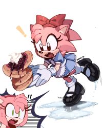 Rule 34 | !, 2girls, amy rose, animal ears, apron, artist name, black footwear, bow, dual persona, food, furry, furry female, gloves, green eyes, hairband, highres, holding, holding plate, kumo zd, maid apron, mary janes, multiple girls, open mouth, pancake, pancake stack, pink fur, plate, puddle, red bow, red hairband, shoes, simple background, slipping, socks, sonic (series), sonic the hedgehog (classic), teeth, upper teeth only, whipped cream, white apron, white background, white gloves, white socks